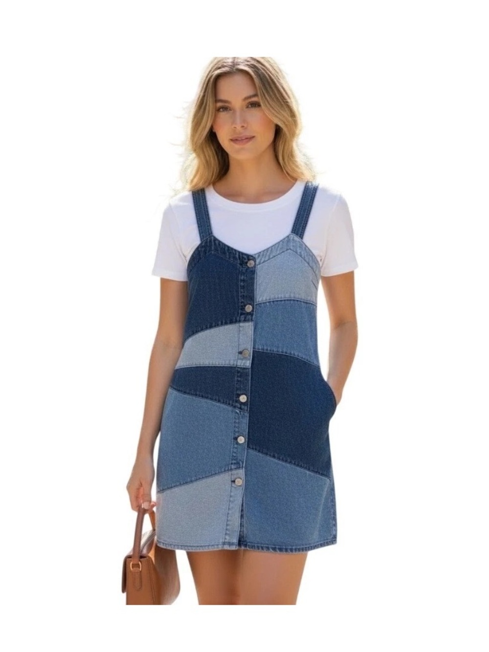 GAP Dress XL Pieced Patchwork Denim Pinafore Blue Jean Button Retro Festival